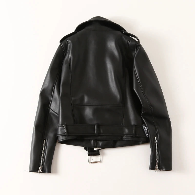 Women's Faux Leather Biker Jacket - Casual Spring/Autumn Coat