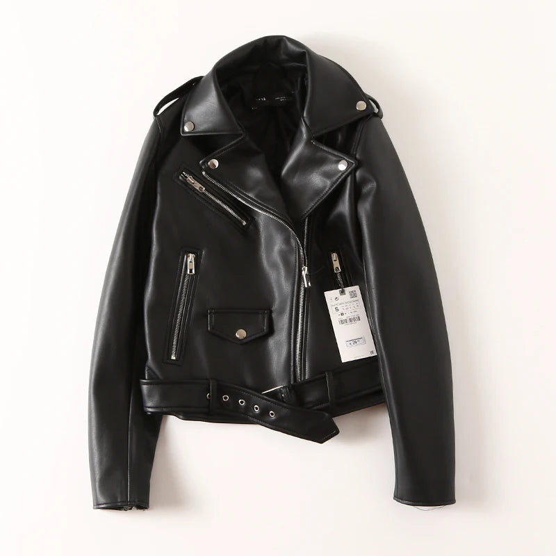 Women's Faux Leather Biker Jacket - Casual Spring/Autumn Coat