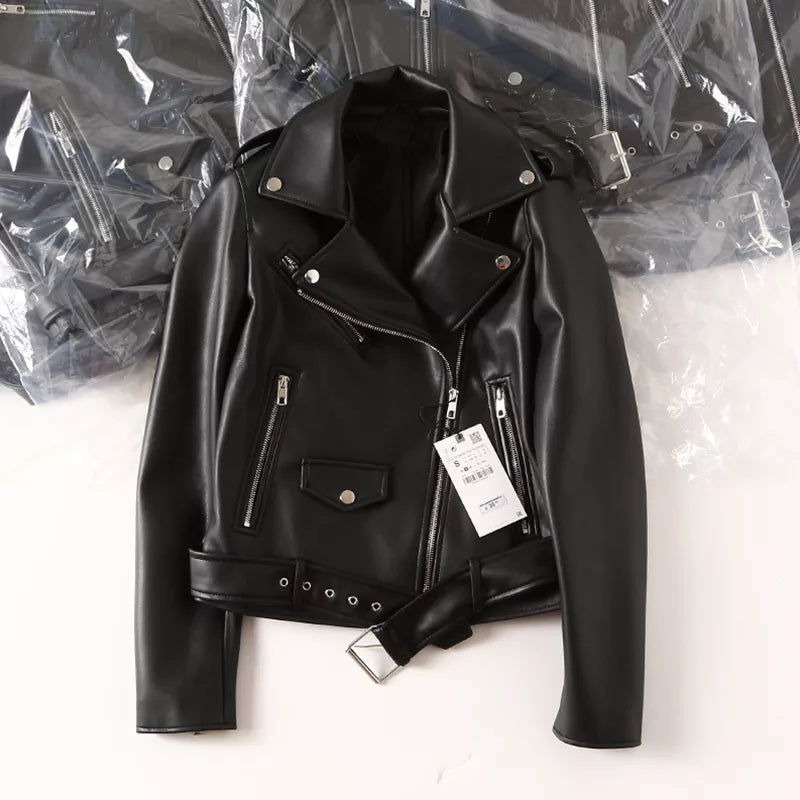 Women's Faux Leather Biker Jacket - Casual Spring/Autumn Coat