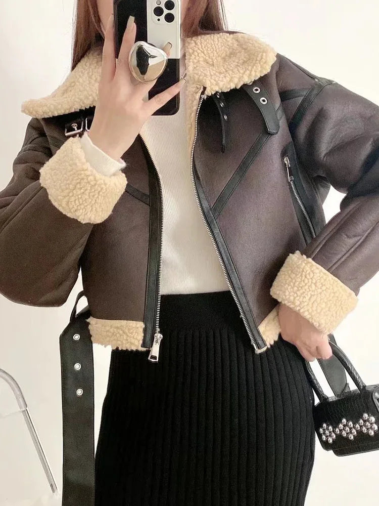 Women's Faux Leather Fur Jacket with Belt - Streetwear Style