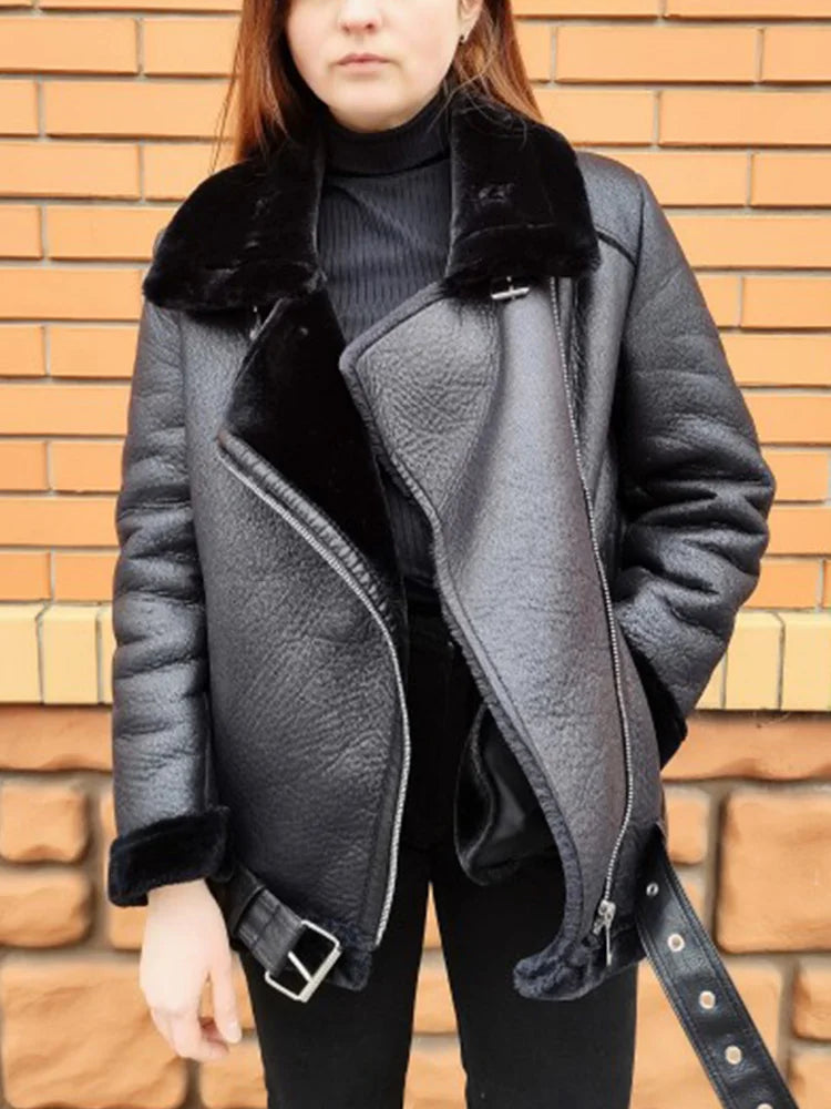 Women's Winter Faux Leather Aviator Jacket with Faux Fur Lining