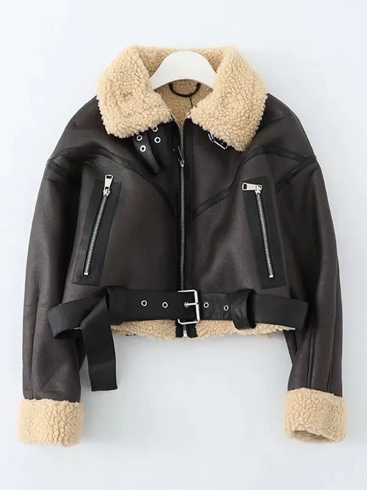 Women's Faux Leather Fur Jacket with Belt - Streetwear Style