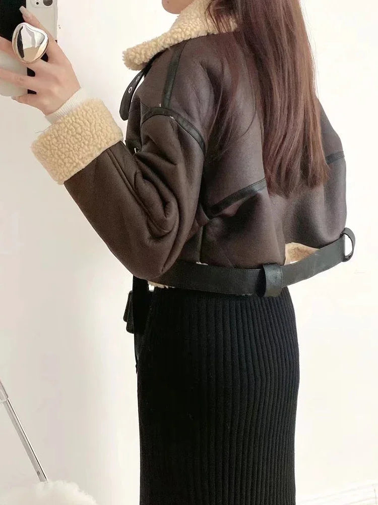 Women's Faux Leather Fur Jacket with Belt - Streetwear Style