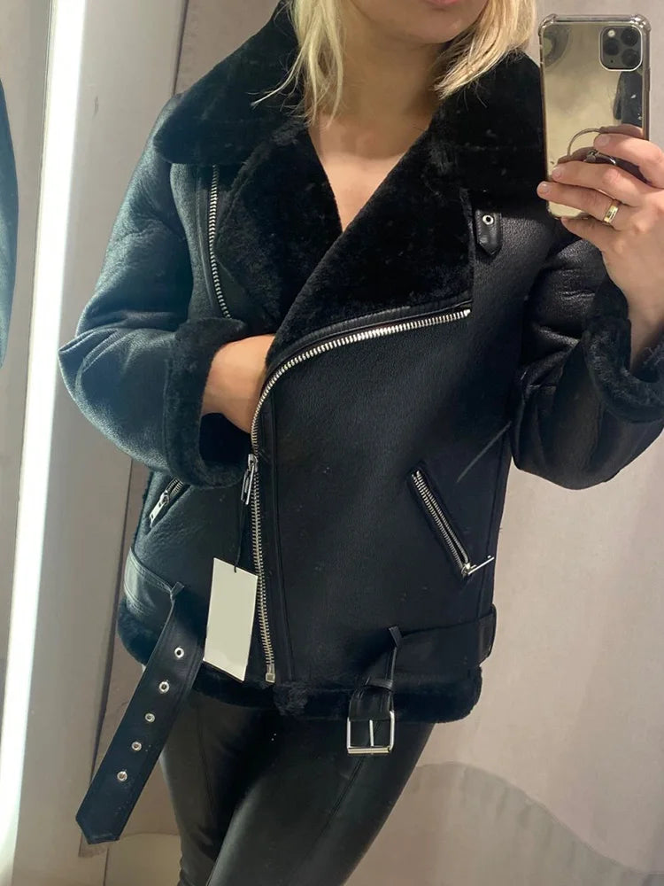 Women's Winter Faux Leather Aviator Jacket with Faux Fur Lining