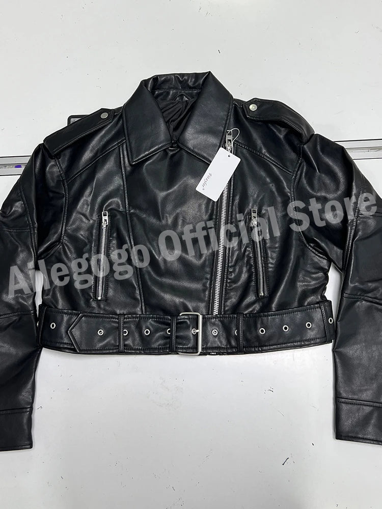 Spring/Autumn Women's Faux Leather Biker Jacket with Belt